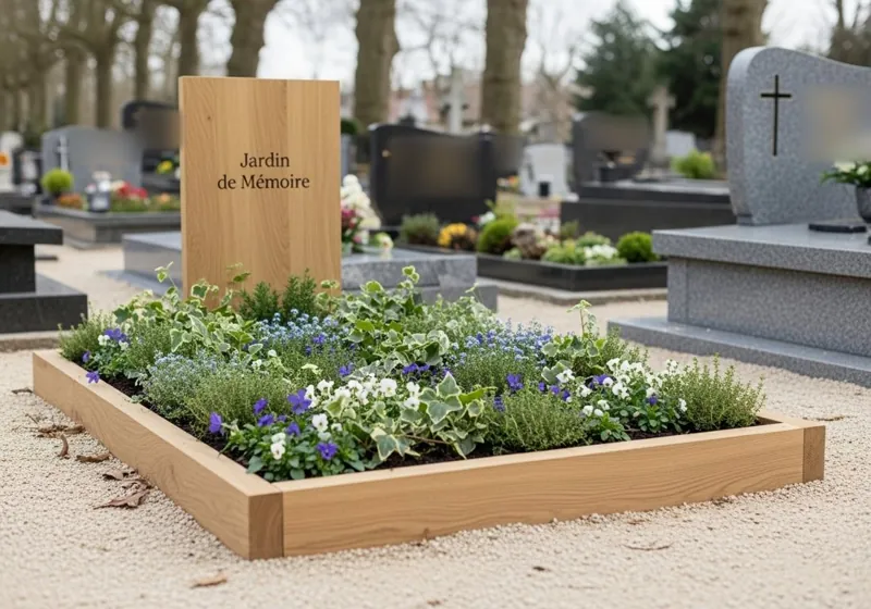 Modèle Jardin de Mémoire : bordure et stèle en bois, massif de lierre, thym, myosotis et pensées.