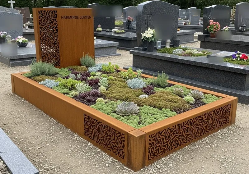 Modèle Harmonie Corten : bordure et stèle en acier Corten ajouré de feuillages, garnies de plantes grasses et de mousses.